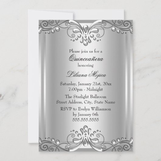 Invitation Elegant Silver Swirl Quinceanera (Dos)
