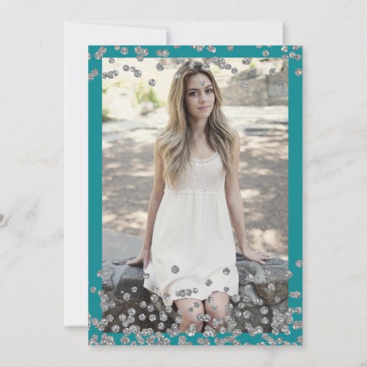 Invitation Elégant Silver Turquoise Confetti Photo Sweet 16 (Dos)