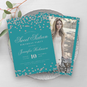 Invitation Elégant Silver Turquoise Confetti Photo Sweet 16