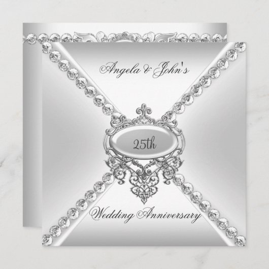 Invitation Elégant Silver White 25ème anniversaire Mariage 3 (Devant / Derrière)