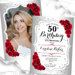 Invitation Elégant Silver White Red Photo 50th Birthday<br><div class="desc">Elégante invitation à 50e anniversaire fleurie avec votre photo au verso de la carte. Design de glam avec faux argent. Comprend des roses rouges, des caractères de script et des confettis. Parfait pour une fête anniversaire adulte élégante. Personnalisez avec vos propres détails. Peut être customisé pour n'importe quel âge !...</div>