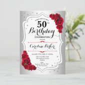 Invitation Elégant Silver White Red Photo 50th Birthday (Debout devant)
