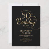 Invitation Elégant Simple Anniversaire 50 Ans Noir Or Script (Devant)