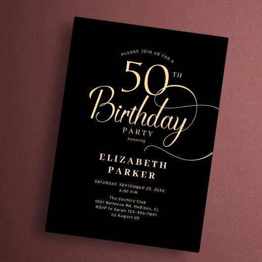 Invitation Elégant Simple Anniversaire 50 Ans Noir Or Script