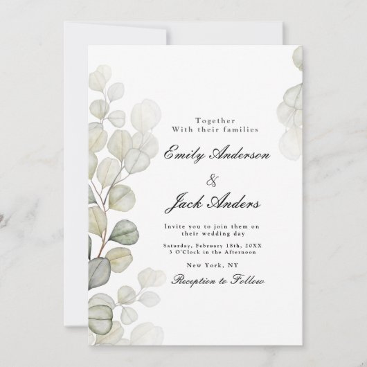 Invitation Elégant simple aquarelle Eucalyptus mariage (Devant)