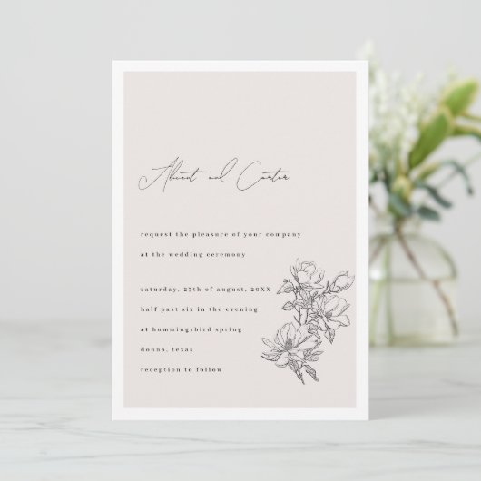 Invitation Élégant Simple Avec Fleurs D'Art En Ligne Et Bordu (Debout devant)