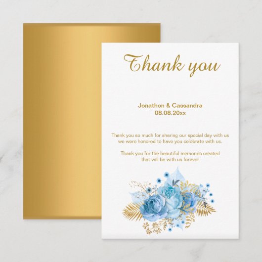 INVITATION ÉLÉGANT SIMPLE BLEU FLEURAL OR REMERCIEMENTS ENVER (Devant / Derrière)