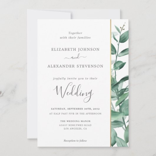 Invitation Elégant simple eucalyptus vert mariage moderne (Devant)