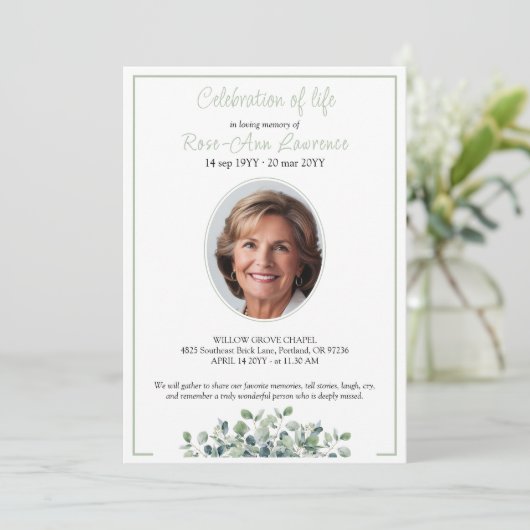 Invitation Elégant simple eucalyptus vert photo funérailles (Debout devant)
