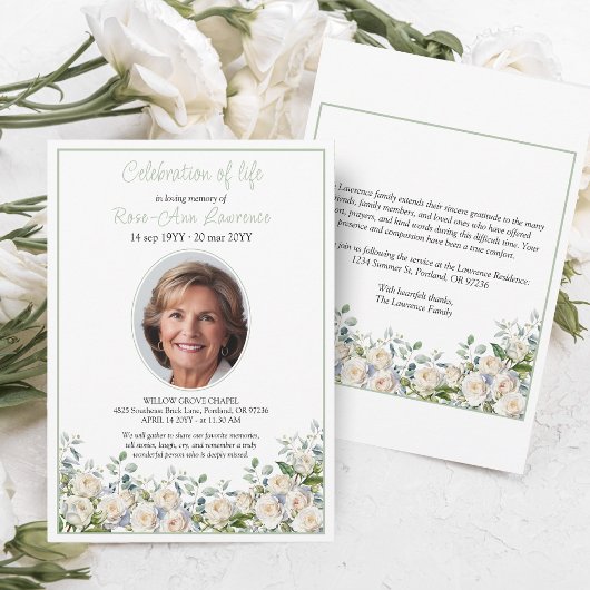 Invitation Elegant Simple Eucalyptus White Rose Photo Funeral