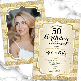 Invitation Elégant Simple Gold Photo 50e anniversaire
