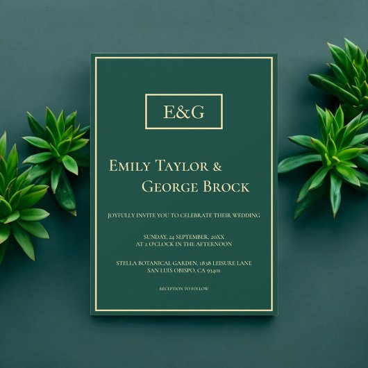 Invitation Élégant Simple Green Gold Monogramme Mariage moder