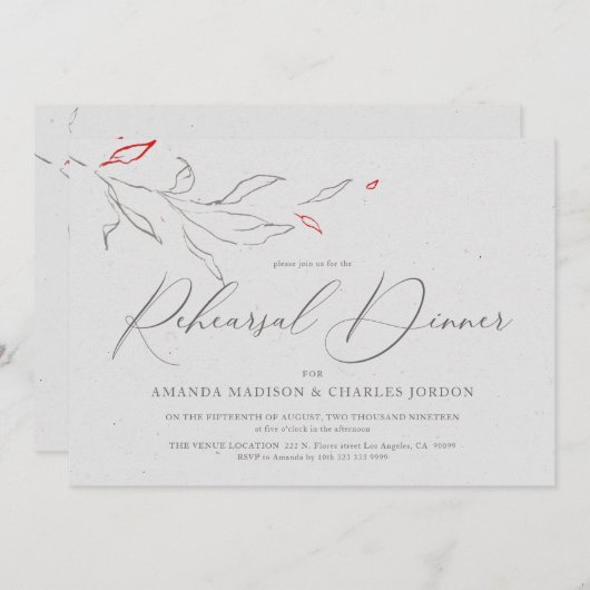 Invitation Elégant simple gris & fleurs rouges Rehearsal Dîne (Devant / Derrière)
