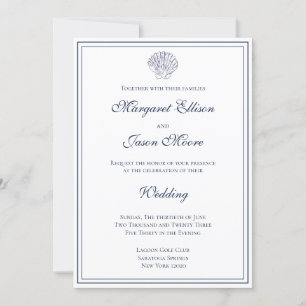 Invitation Elégant simple Mariage de mer blanc et bleu Shell