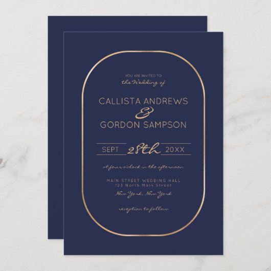 Invitation Elégant simple Marine bleu or Oval Mariage frontiè (Devant / Derrière)