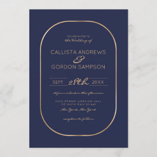 Invitation Elégant simple Marine bleu or Oval Mariage frontiè
