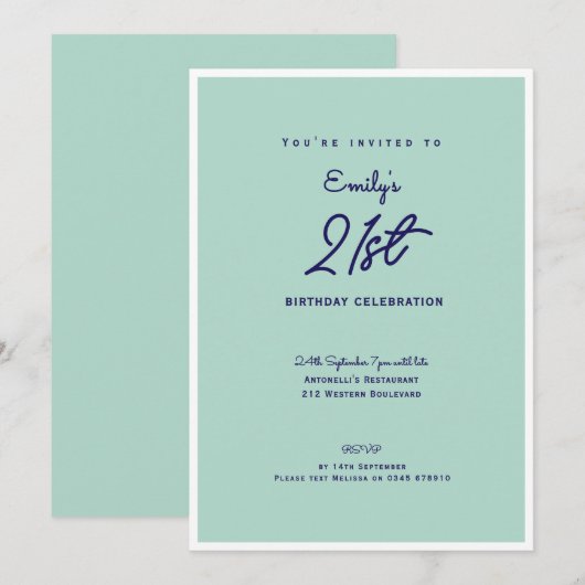 Invitation Elegant Simple Modern Mint 21st Birthday Party (Devant / Derrière)