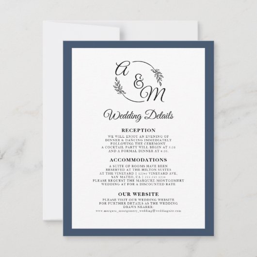 Invitation Elegant Simple Modern Navy Blue Détails du Mariage (Devant)
