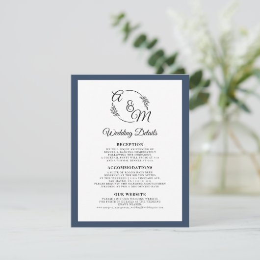 Invitation Elegant Simple Modern Navy Blue Détails du Mariage (Debout devant)