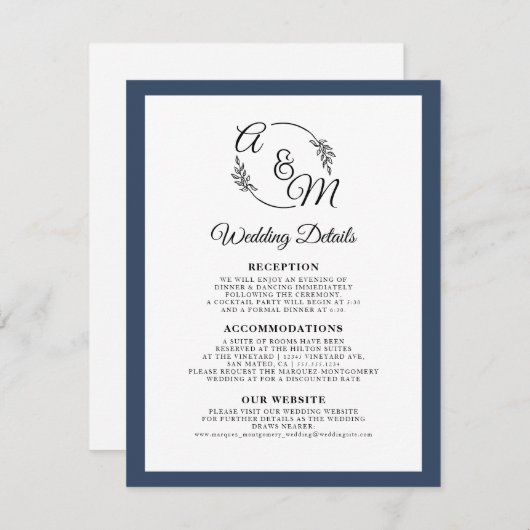 Invitation Elegant Simple Modern Navy Blue Détails du Mariage (Devant / Derrière)