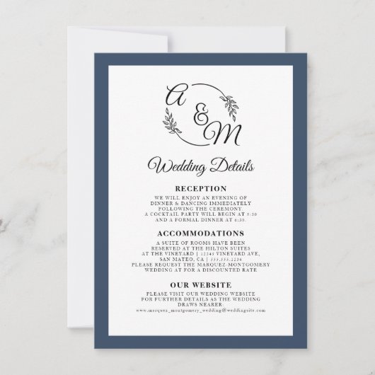 Invitation Elegant Simple Modern Navy Blue Détails du Mariage (Devant)