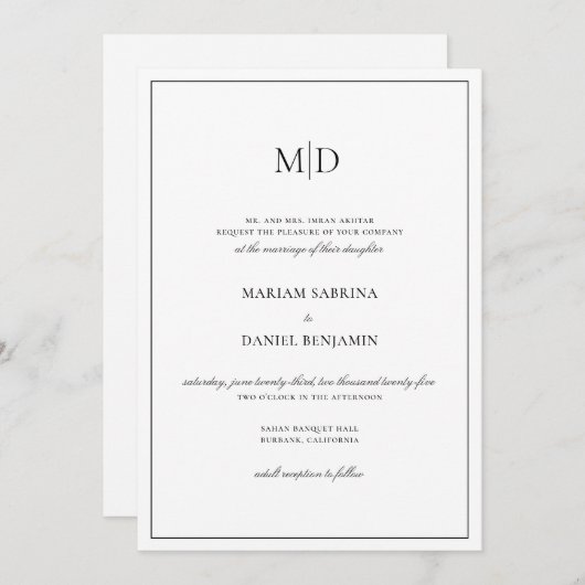 Invitation Élégant Simple Monogramme Script Mariage blanc (Devant / Derrière)