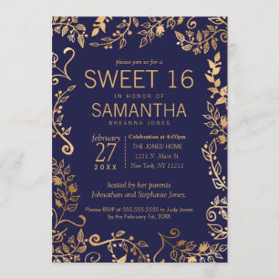 Invitation Élégant Simple Navy Blue Gold Floral Sweet 16