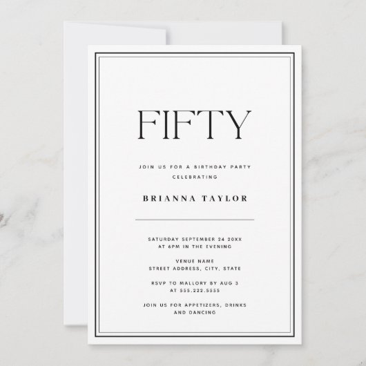 Invitation Elégant Simple Noir & Blanc 50e anniversaire (Devant)