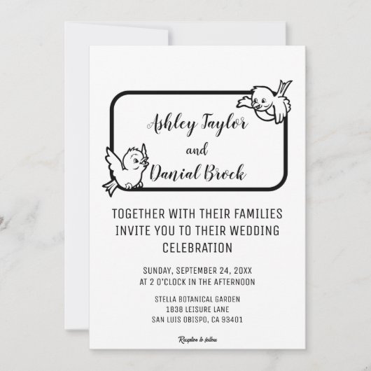 Invitation Elégant Simple Noir Et Blanc Oiseaux Chic Mariage (Devant)