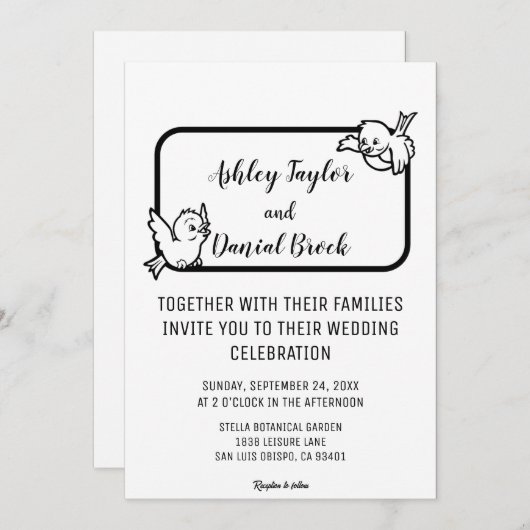 Invitation Elégant Simple Noir Et Blanc Oiseaux Chic Mariage (Devant / Derrière)