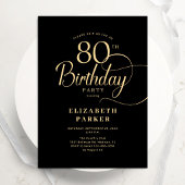 Invitation Elégant Simple Noir Or Écriture 80e Anniversaire