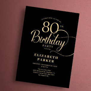 Invitation Elégant Simple Noir Or Écriture 80e Anniversaire