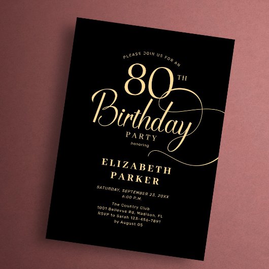 Invitation Elégant Simple Noir Or Écriture 80e Anniversaire