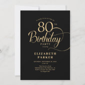 Invitation Elégant Simple Noir Or Écriture 80e Anniversaire (Devant)
