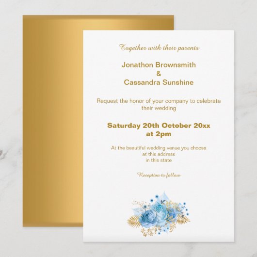 INVITATION ÉLÉGANT SIMPLE OR BLEU FLORAL OR MARIAGE (Devant / Derrière)
