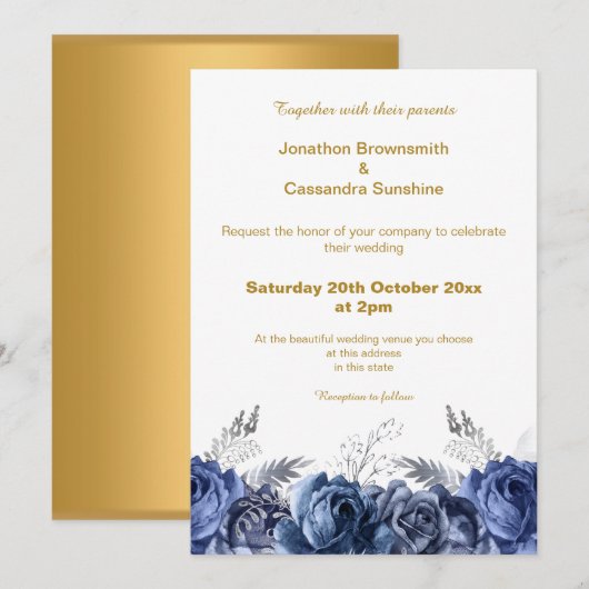 INVITATION ÉLÉGANT SIMPLE OR BLEU FLORAL SIMPLE MARIAGE (Devant / Derrière)