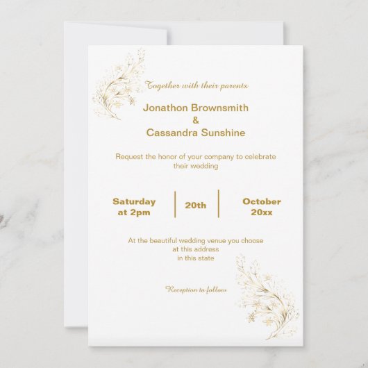 INVITATION ÉLÉGANT SIMPLE OR FEUILLE OR REVERS MARIAGE (Devant)