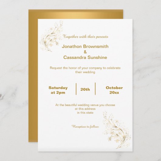 INVITATION ÉLÉGANT SIMPLE OR FEUILLE OR REVERS MARIAGE (Devant / Derrière)