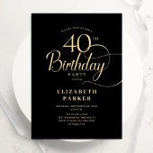 Invitation Elégant Simple Or Noir 40e Anniversaire