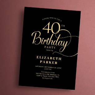 Invitation Elégant Simple Or Noir 40e Anniversaire