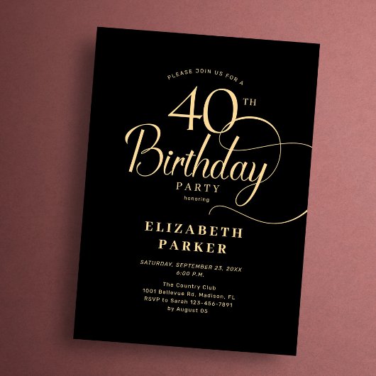 Invitation Elégant Simple Or Noir 40e Anniversaire