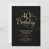 Invitation Elégant Simple Or Noir 40e Anniversaire (Devant)