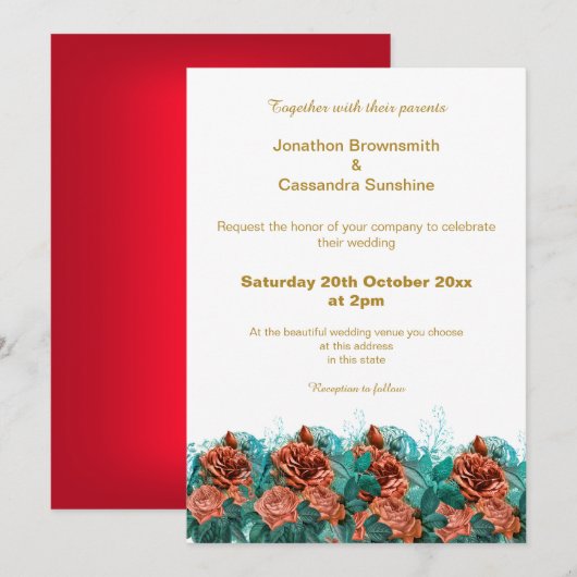 INVITATION ÉLÉGANT SIMPLE OR ROUGE FLORAL SIMPLE MARIAGE (Devant / Derrière)