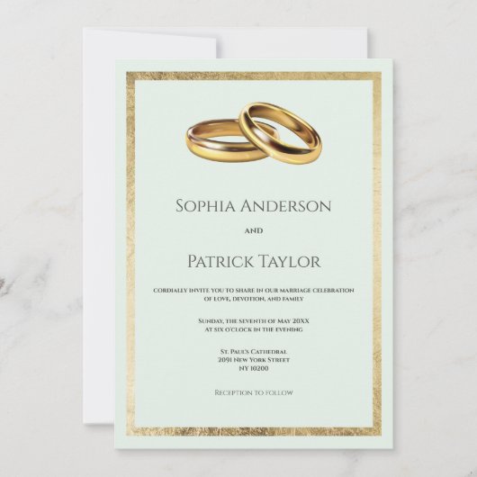 Invitation Élégant simple pastel vert anneaux d'or Mariage (Devant)