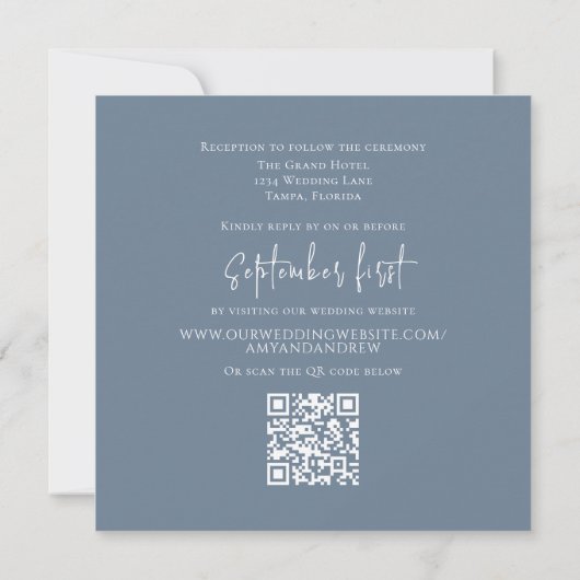 Invitation Elégant simple photo Dusty bleu QR Code RSVP (Dos)