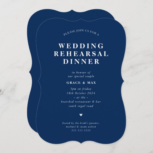 Invitation ELEGANT simple répétition moderne dîner marine ble (Devant / Derrière)