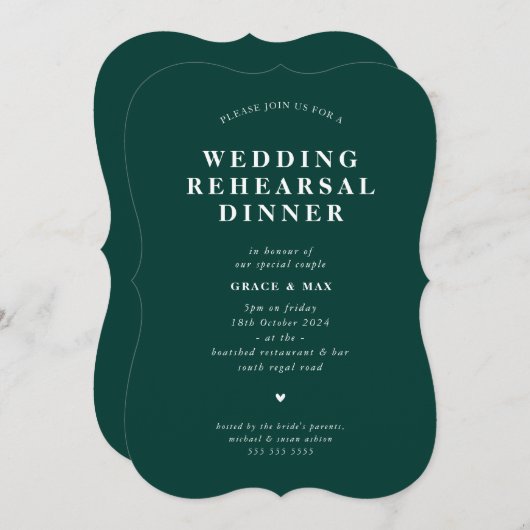 Invitation ÉLÉGANT simple répétition moderne dîner vert foncé (Devant / Derrière)