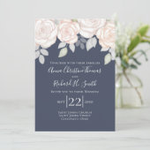 Invitation Élégant Simple Rose Pâle Floral Bleu Marine Feuill (Debout devant)