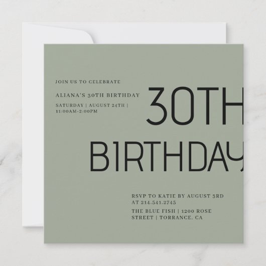 Invitation Elégant simple sauge verte voie 30e anniversaire (Devant)