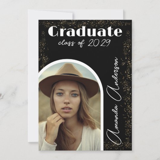 Invitation Elégant Simple Script Arch Photo Gold Graduation (Devant)